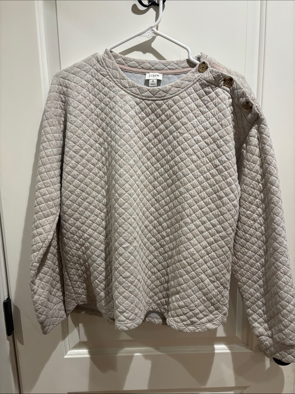 J. Crew Factory Quilted Button-Shoulder Crewneck Sweater in Light Beige